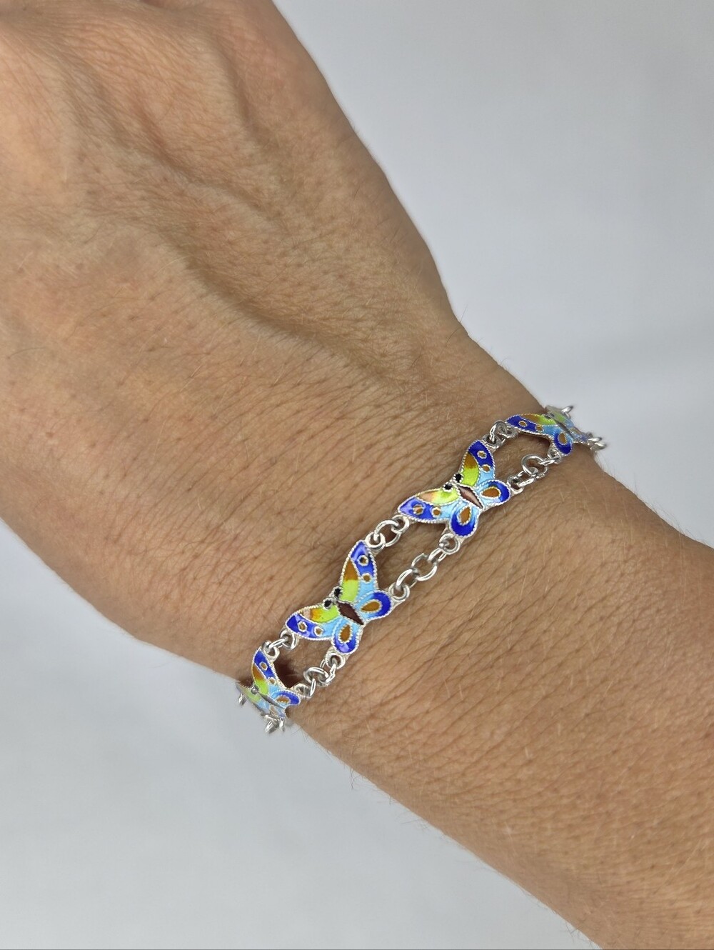 Sterling Silver Butterfly Link Bracelet in Blue and Green Rainbow